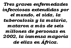 Cuadro de texto: Tres graves enfermedades infecciosas extendidas por el mundo, el sida, la tuberculosis y la malaria, mataron a ms de seis millones de personas en 2002, la inmensa mayora de ellas en frica.